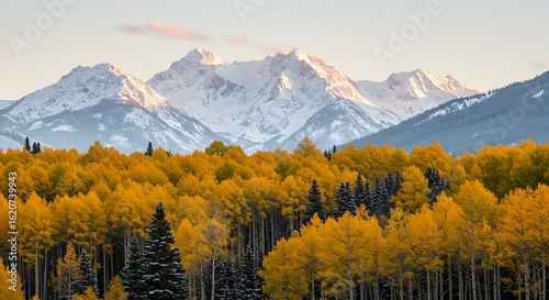 A winter scene featuring imposing snow-covered peaks towering over a dense forest of brilliant golden aspen trees, their leaves dusted with pristine white snow, under a soft morning light