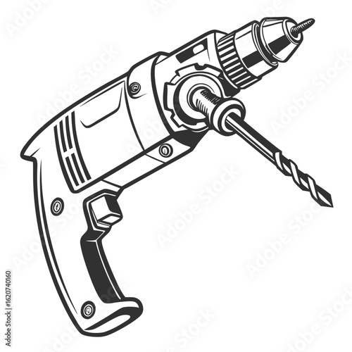 Black and white illustration of a power drill with a drill bit