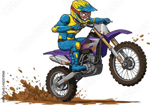 Motocross biker launching off-road wheelie, muddy terrain, speed motion blur, extreme stunt sport, dynamic illustration, adventure thrill, gear detail