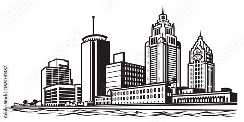 Vector Detroit Silhouette: Iconic Renaissance Centre, Comerica Park, Downtown