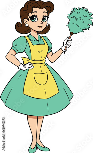 Retro housewife cleaning with feather duster, vintage maid illustration in 1950s style, domestic chores, classic apron, cartoon art