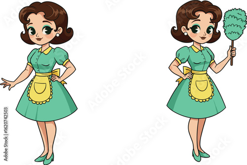 Retro housewife character, vintage maid illustration, green dress cartoon, feather duster, domestic worker, cleaning lady, 1950s style, apron cartoon