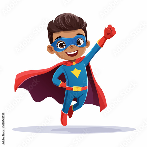 Superhero Kid Takes Flight: An uplifting depiction of a young boy soaring with joy in a vibrant superhero costume, igniting a sense of imagination and aspirational potential.
