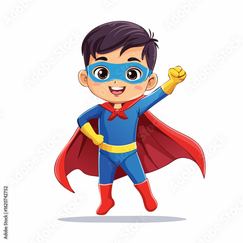 Young Heroic Figure: A spirited young boy, costumed as a superhero, strikes a bold pose against a clean backdrop, symbolizing bravery and adventure in a vibrant, captivating illustration.