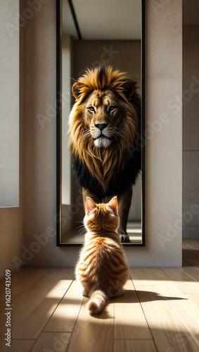 Inspirational Image of a Cat Seeing a Lion in the Mirror – Symbol of Self-Belief, Confidence, Inner Strength, and Imagination in a Conceptual Animal Reflection Scene

