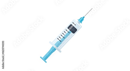 Modern blue syringe with needle and liquid, ready for medical injection or vaccination