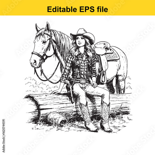 Vector art of cowgirl resting on a log with her horse