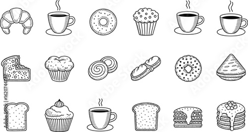 Hand-drawn Breakfast Food Icons: Croissants, Muffins, Coffee, Bread, and Pastries;  Sketch Style;  Cheerful Mood.