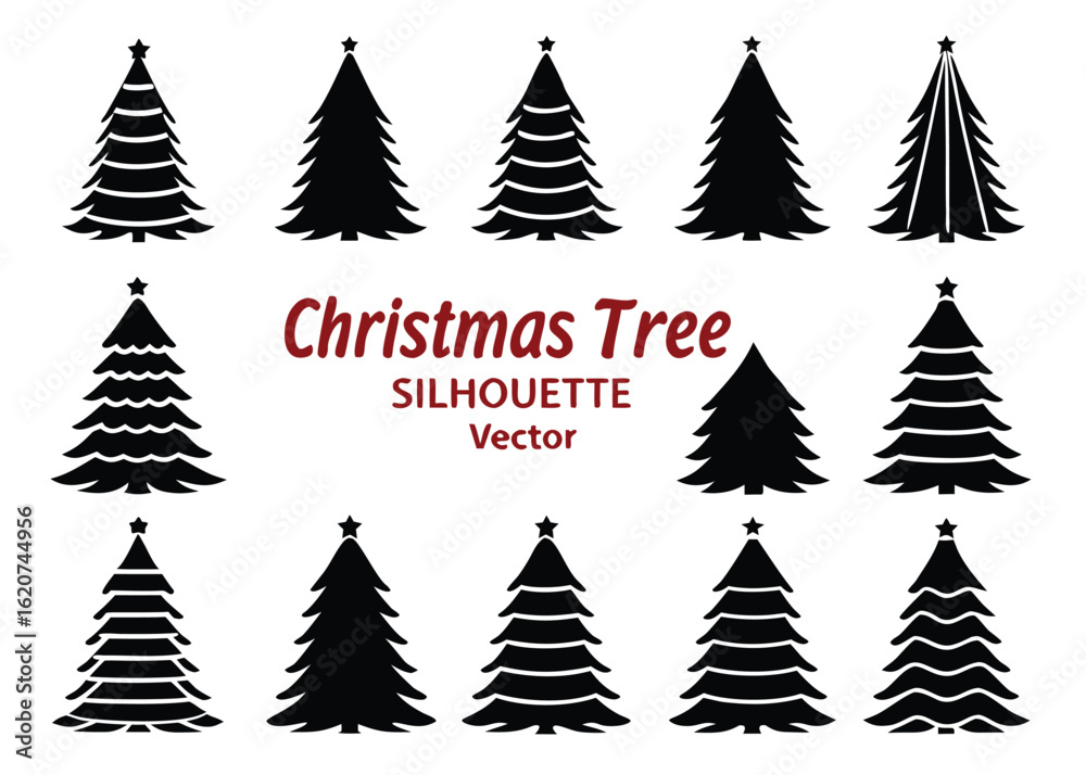 Obraz premium Assortment of Black Silhouette Christmas Trees with Text collection holiday