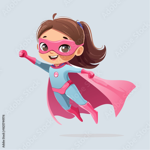 The Flying Heroine: A young, empowered superhero, soaring through the air with unwavering confidence, embodying courage and a spirit of determination, set against a simple, uncluttered background. 