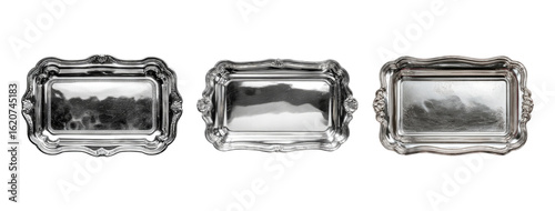 Three Vintage Silver Serving Trays on Transparent Background
