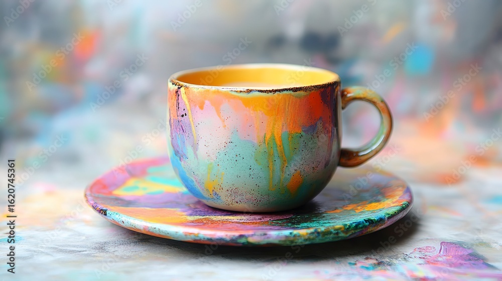 Fototapeta premium Colorful ceramic coffee cup on a vibrant background brings a cheerful ambiance to morning routines