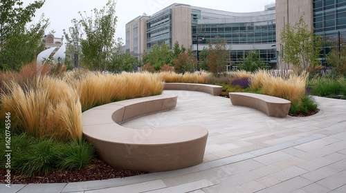 Serene outdoor space with curving stone benches amidst ornamental grasses, creating a peaceful urban oasis next to a modern building.