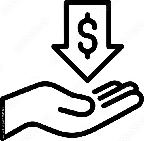 Icon of a downward arrow with a dollar sign above an open hand representing financial loss or cost reduction