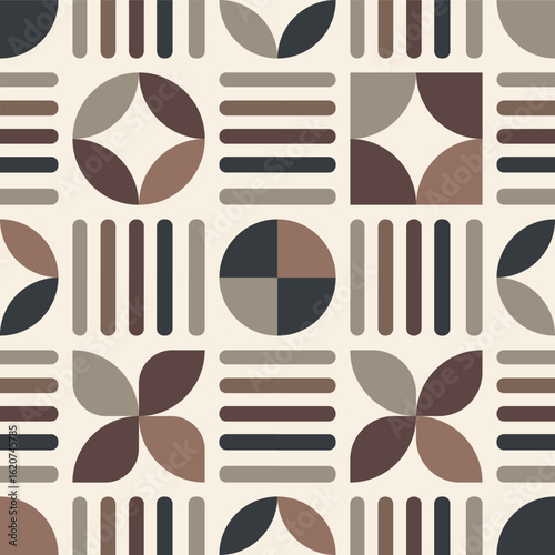  Seamless pattern of squares, circles, flowers and stripes in colors that allude to coffee and chocolate.