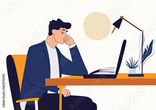 Tired business man sitting at office desk with laptop hand on chin feeling exhausted burnout fatigue low energy flat vector illustration