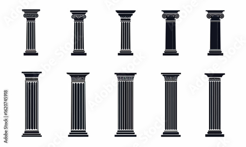 Set of ten classical ancient Greek and Roman column silhouettes with different capital styles and fluted shafts in flat vector design isolated on white background