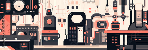 Futuristic robotic factory interior with industrial machines automated production lines and advanced manufacturing technology in flat minimalist style vector illustration