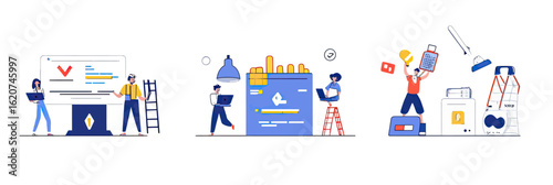 Software development teamwork with diverse programmers coding debugging and testing on computers in flat minimalist style vector illustration
