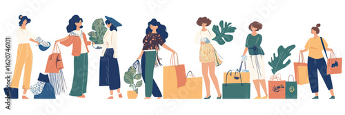 Group of stylish women shopping with reusable bags and eco friendly outfits promoting sustainable conscious consumerism and slow fashion concepts vector illustration