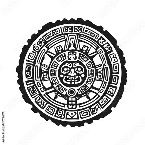 Mayan Aztec calendar stone circular ancient artifact glyphs sun god flat minimalist black vector illustration culture heritage symbol Mexico