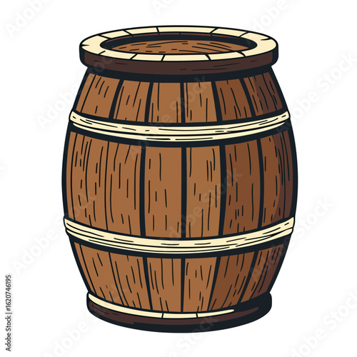 Wooden Barrel Illustration with Metal Hoops Vintage Rustic Storage Container Flat Minimalist Vector Design for Packaging or Beverage Use