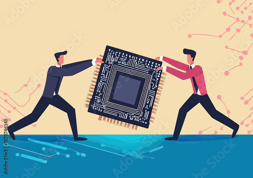 Business people tug of war over large computer chip semiconductor circuit board illustrating supply struggle conflict technology shortage concept flat vector