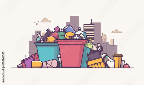 Colorful heap of assorted garbage in overflowing bins with city skyline in background flat minimalist vector illustration