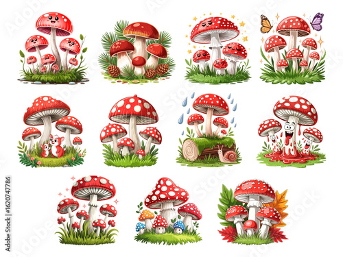 Cartoon mushrooms with red caps and white spots are arranged nicely on transparent background