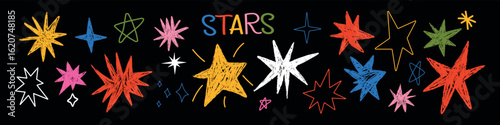 Colorful crayon star collection with doodle sparkles. Hand-drawn cosmic elements in childish style, with pencil, charcoal, or chalk texture. Cute vector stars for night sky and kids' designs.
