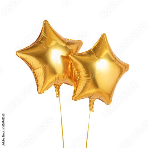 Two shiny gold star shaped foil balloons floating on a  isolated on transparent background