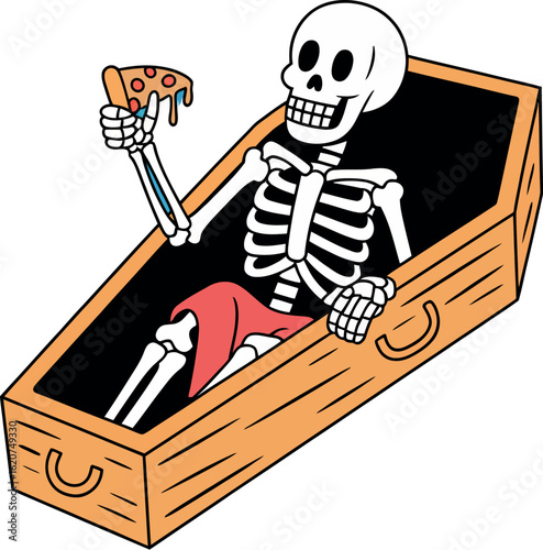 Skeleton eating pizza in coffin halloween funny cartoon illustration image vector illustartion