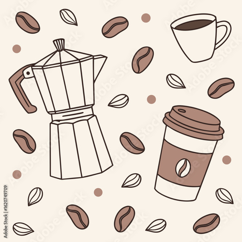 "Seamless minimalist vector pattern of coffee beans, mugs, moka pots, and takeaway cups. All in hand-drawn thin-line style with pastel beige, terracotta, and soft brown fills. Perfect for coffee packa