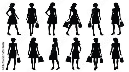 Collection of Black Female Fashion Silhouettes with Handbags on White Background woman women