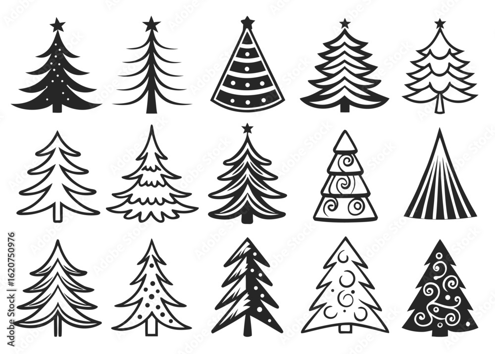 Obraz premium Collection of stylized Christmas trees in black and white silhouette on a white background Keywords: Christmas tree, holiday, festive, winter, decoration, celebration, evergreen, pine, fir, tree