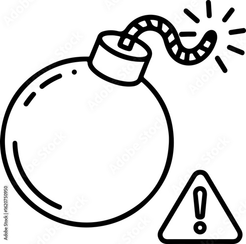 Cartoon bomb with a lit fuse and a warning sign indicating danger