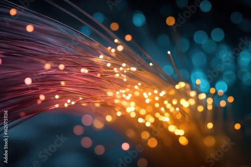 Fiber Optics Network Data Transfer, Glowing, Abstract Background, Technology Concept