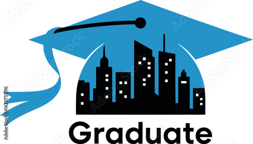 Graduation celebration urban graduate cap and gown achievement cityscape design vector illustartion
