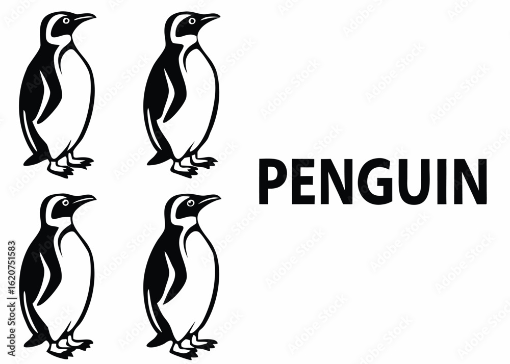 Obraz premium Four Penguin Illustrations and the Word Penguin on White Background black bird