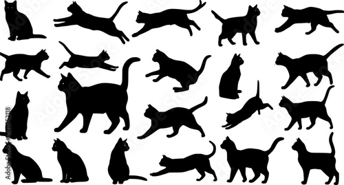 Cat silhouettes set, large pack of vector silhouette design, isolated white background
