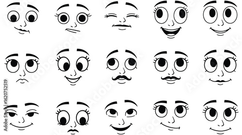 Collection of Expressive Cartoon Faces vector.Emotional Vector Icons & Funny Doodle symbol.Cartoon Face vector illustration isolated on white background