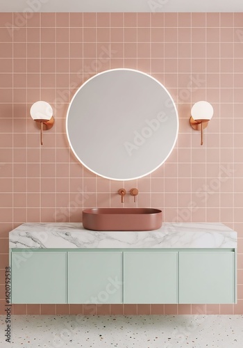 THE 3d render of a vibrant color block bathroom interior in Memphis style with red