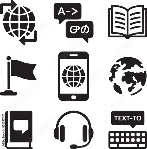 Language Translation Solid Icons — Globe, Chat Bubbles, Dictionary, Translator App, Flag, and Alphabet Symbols Vector Set