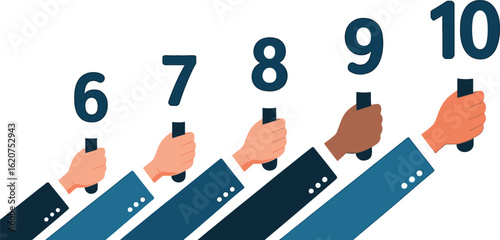 Arms Hold Numbered Signs 6 to 10 on White Backdrop for Rating Assessment Score