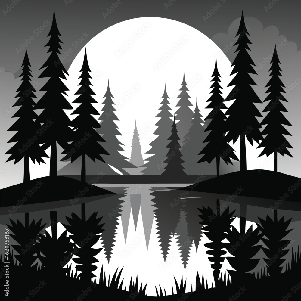 Obraz premium monochrome forest landscape with pine trees and lake reflection at night