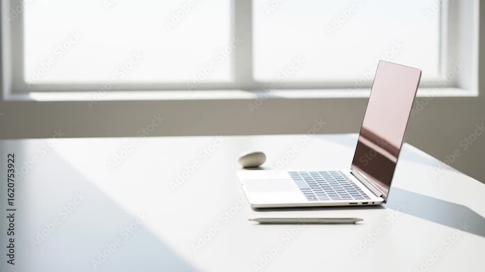 Laptop, Stylus, and Stone on White Desk by Window in Minimalist Home Office Video Laptop, Stylus, and Stone on White Desk by Window in Minimalist Home Office Video