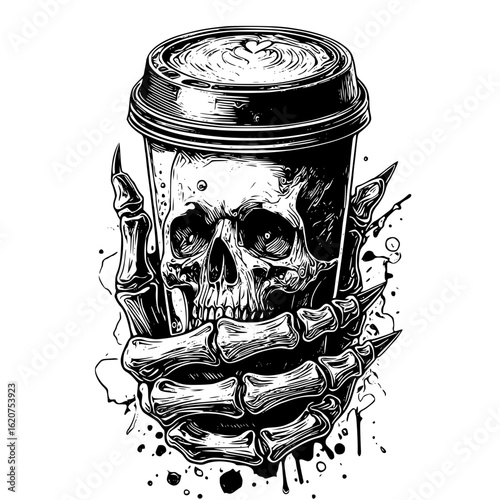 Skull coffee cup held by skeleton