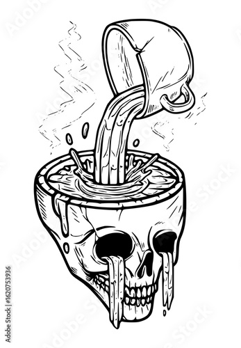 Skull coffee cup pouring liquid