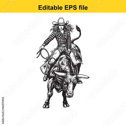 Vector art of cowboy riding a bull in a rodeo, isolated on white background