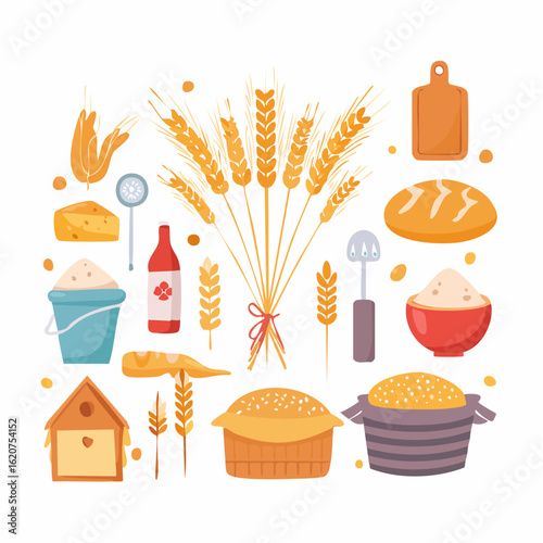 Wheat Harvest and Baking Ingredients Flat Illustration.